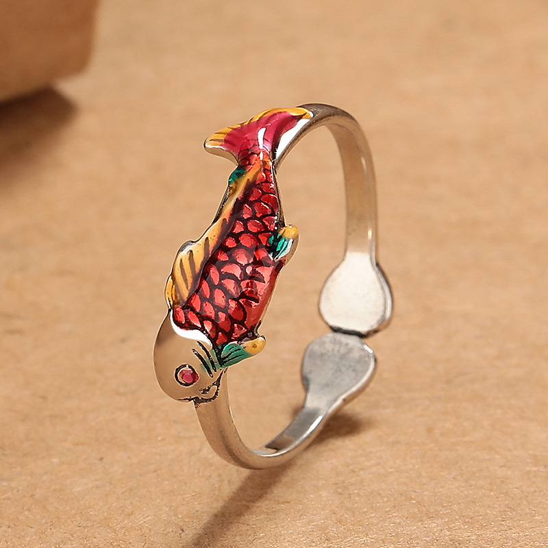 Vintage Cloisonne Koi Ring Female Ethnic Style