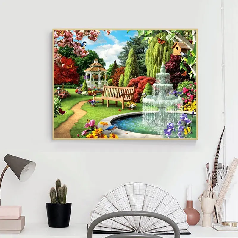 Stick-on Crystals Cross Garden Landscape Diamond Painting