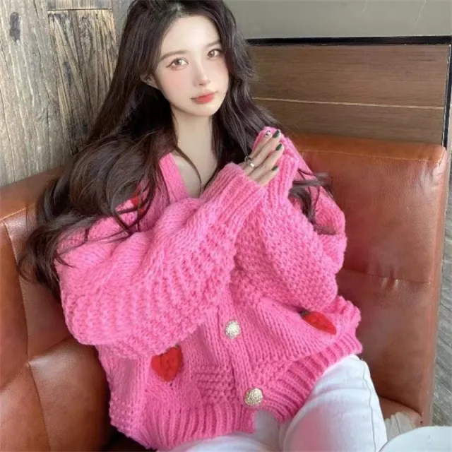 Gentle Sweater Cardigan Female Strawberry Knitted Pink - Shop at LoveMi