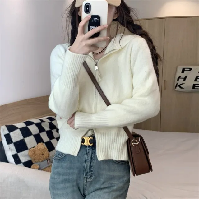 Women's Short Hood Double Zipper Sweater Creamy White - Shop at LoveMi