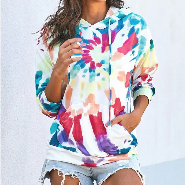 Women's Loose Tie dyed Printed Hooded Long Sleeve Sweatshirt - Shop at LoveMi