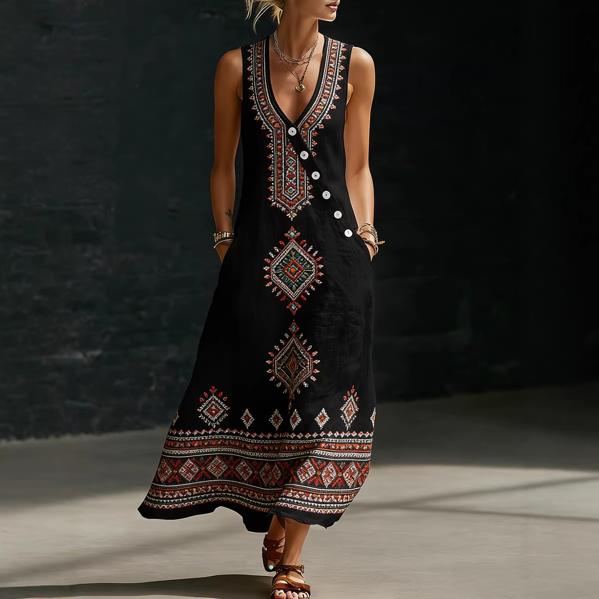 Womens Loose V-Neck Slant-Button Dress