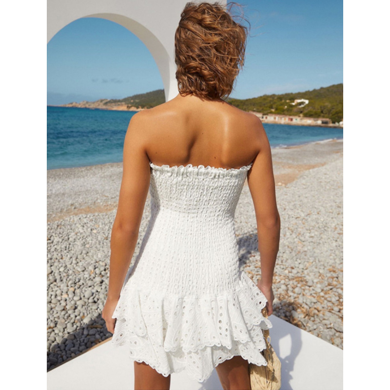 Wrapped Chest Embroidered Cotton Stretch Waist Shaping Ruffled Vacation Jumpsuit Skirt