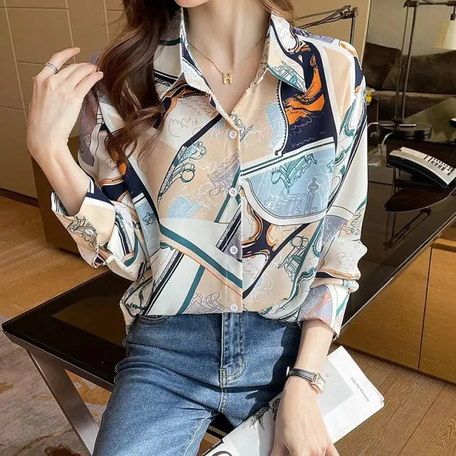 Fashionable Printed Long sleeved Chiffon Shirt For Women Blue - Shop at LoveMi