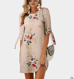 Summer Middle-sleeve Floral-print Lace-up Crew Neck Dress For Women