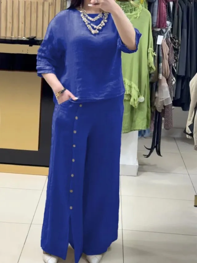 Women's Fashion Casual Loose Solid Color Cotton Linen Short Sleeve Shirt Two piece Pants Long Sapphire Blue - Shop at LoveMi