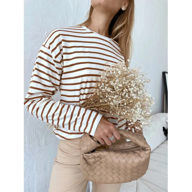 Trendy Wild Casual Round Neck Cotton Striped T shirt Brown - Shop at LoveMi
