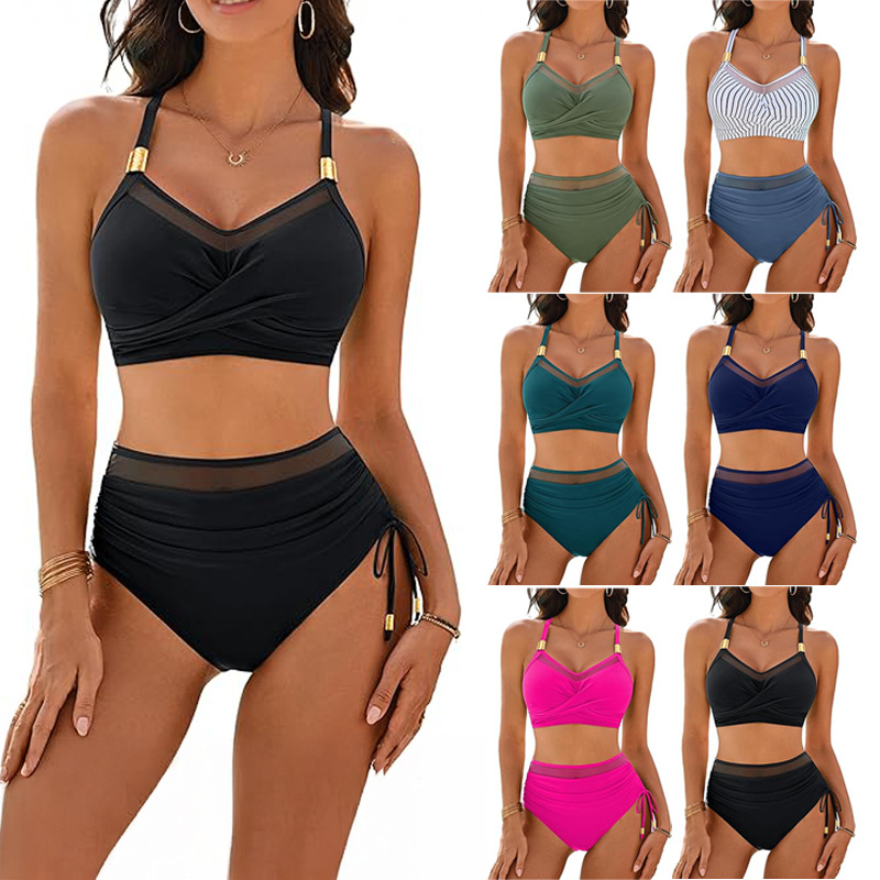 Sexy Mesh Stitching Drawstring Split Women's Bikini Swimsuit