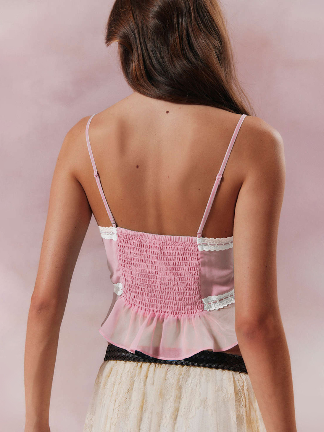 Women's Fashion Mesh Lace Stitching Tied Top