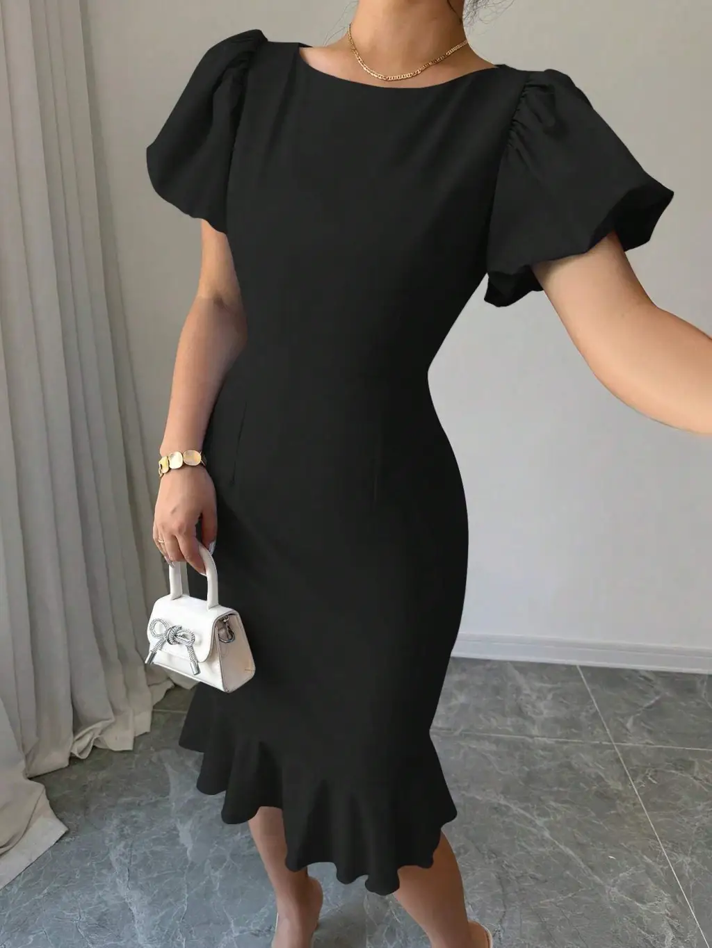 Round Neck Lantern Sleeve Ruffled Elegant Fishtail Skirt - Black
