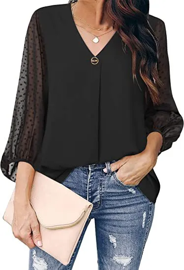 Women's Puff Sleeve V neck Long Sleeve Shirt Black - Shop at LoveMi