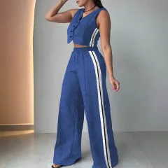 Fashionable Sleeveless Cropped Pants Suit With Pockets - Blue - View 1