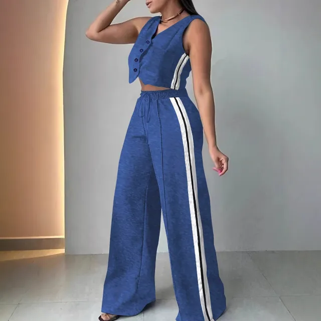 Fashionable Sleeveless Cropped Pants Suit With Pockets Blue - Shop at LoveMi