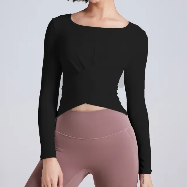 Cross Button Slim Fit Thin Yoga Wear Long Sleeve Black - Shop at LoveMi