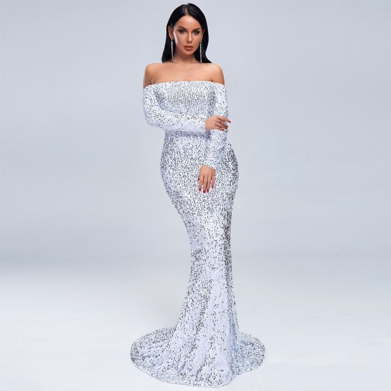 Sexy Strapless Long Sleeve Sequins Party Evening Dress White - Shop at LoveMi