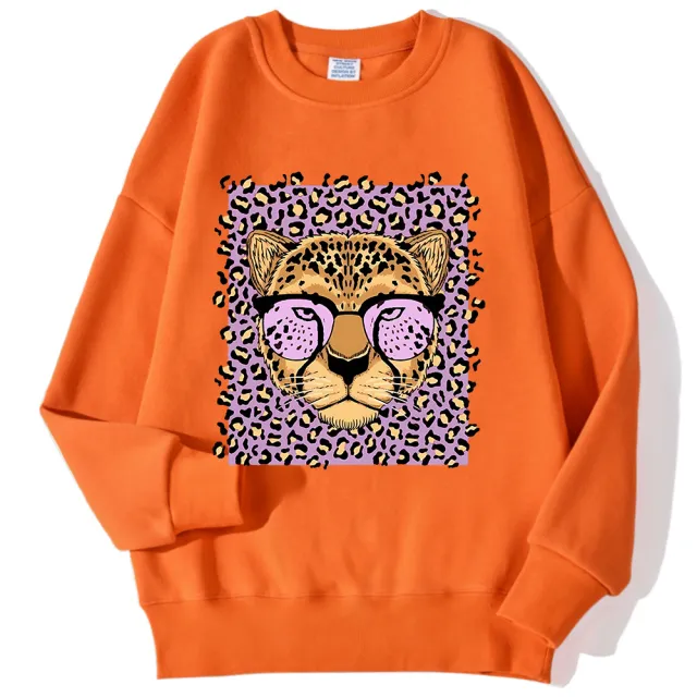 Womens Casual Loose Fleece Backed Sweatshirt With Leopard Print Orange - Shop at LoveMi