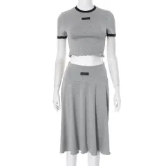 Women's Round Neck T-shirt Shory Style Skirt Suit - Grey - View 1