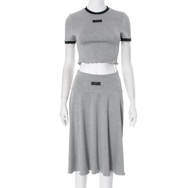 Women's Round Neck T shirt Shory Style Skirt Suit Gray - Shop at LoveMi