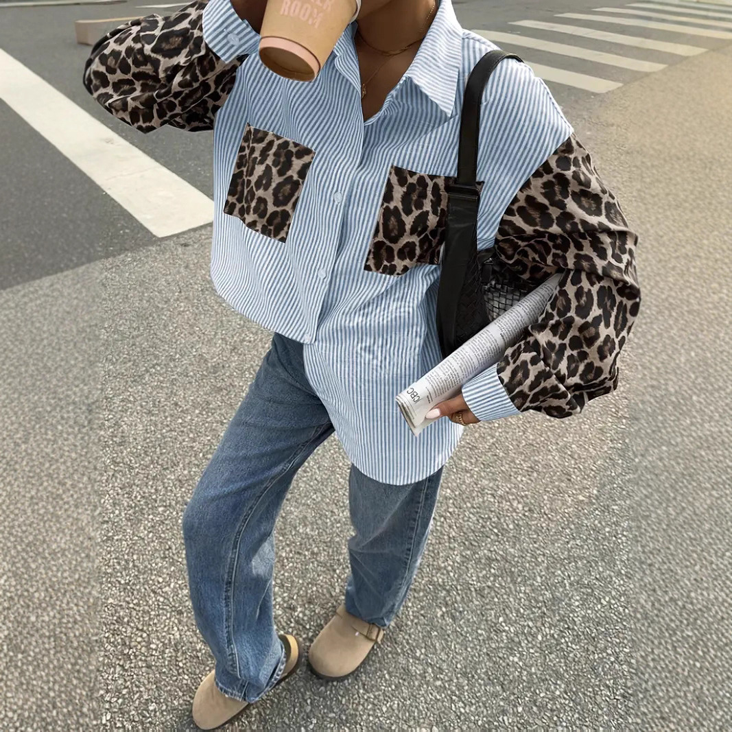 Womens Loose Casual Leopard-Print Patchwork Striped Pocket Long-Sleeve Shirt For Amazon