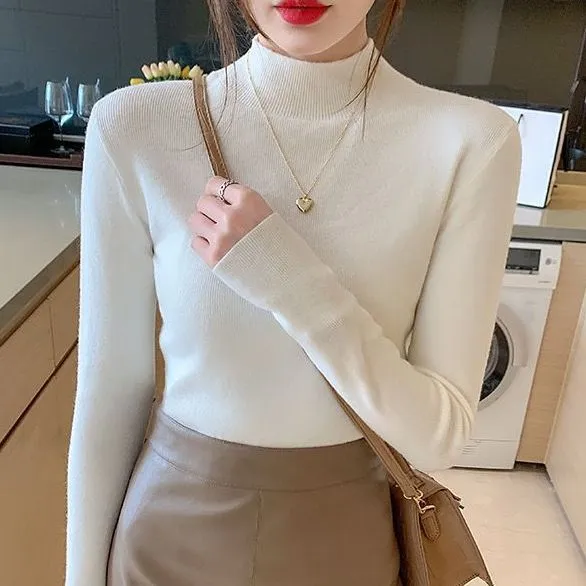 Inner Knitted Bottoming Shirt Slim Fit Slimming Long Sleeves Versatile Western Style Top White - Shop at LoveMi
