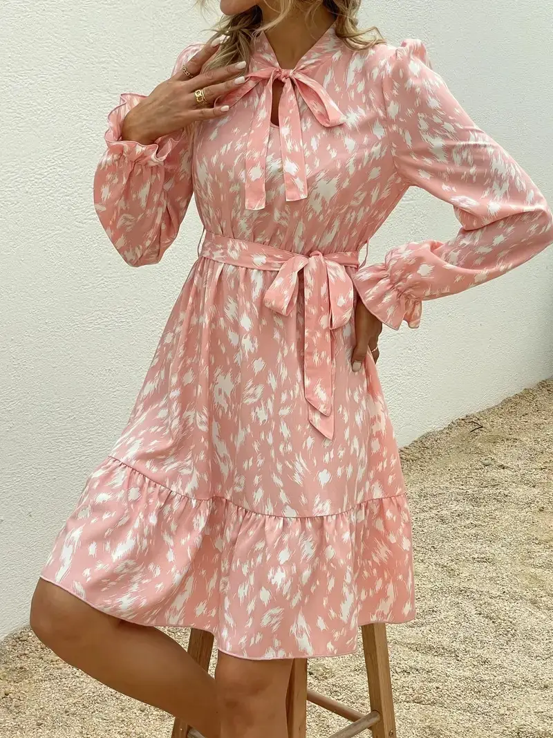 Summer Printed Lace Up Bell Sleeve Elegant Dress For Women