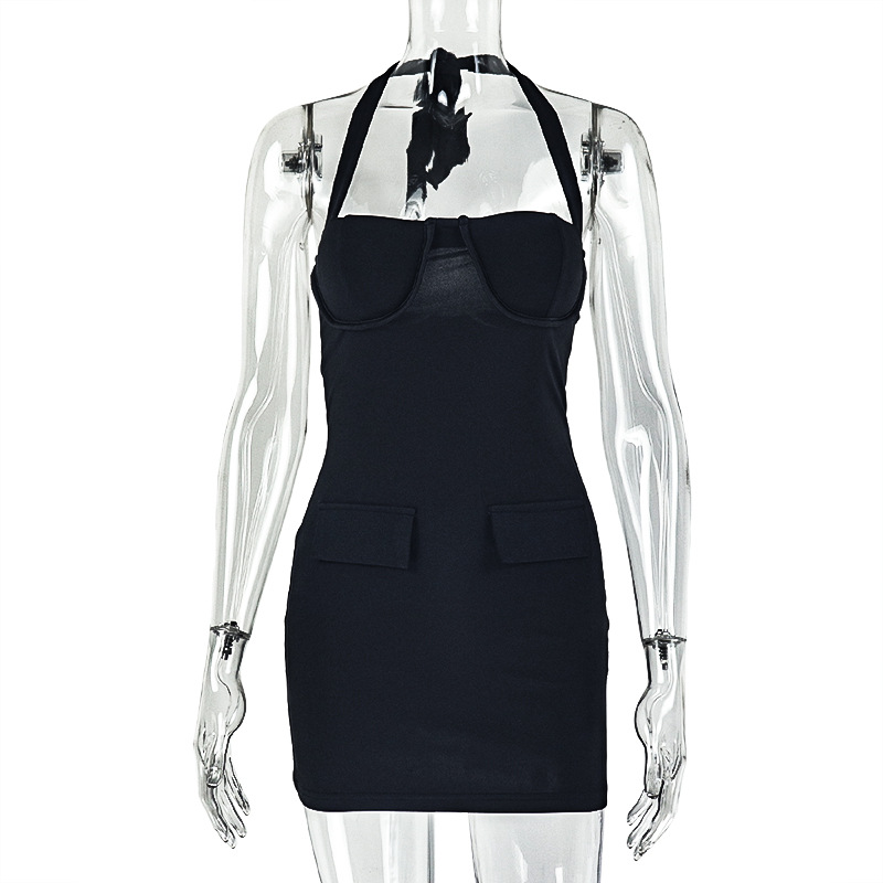 Lady's Solid Color Fashionable Halter Backless Dress Black - Shop at LoveMi