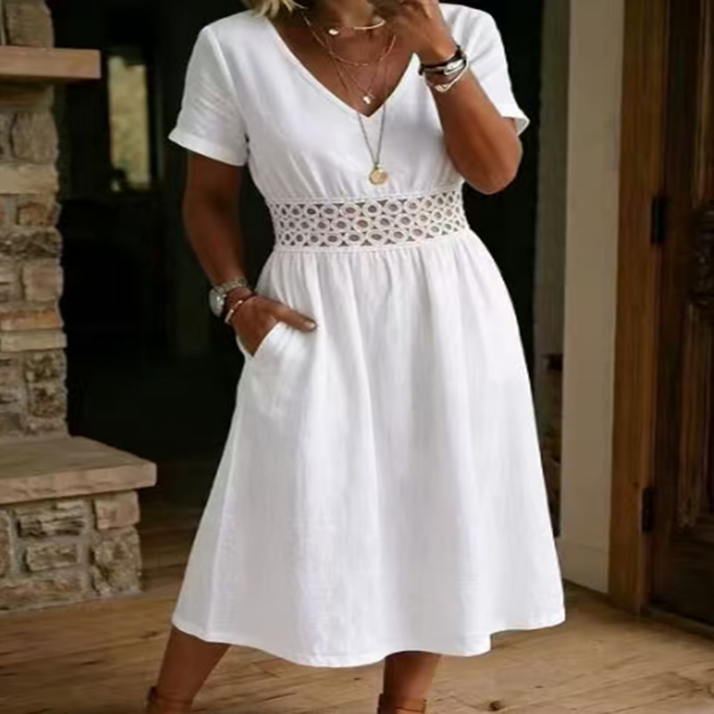 Womens Lace-Patchwork V-Neck Short-Sleeve Cotton-Linen Dress