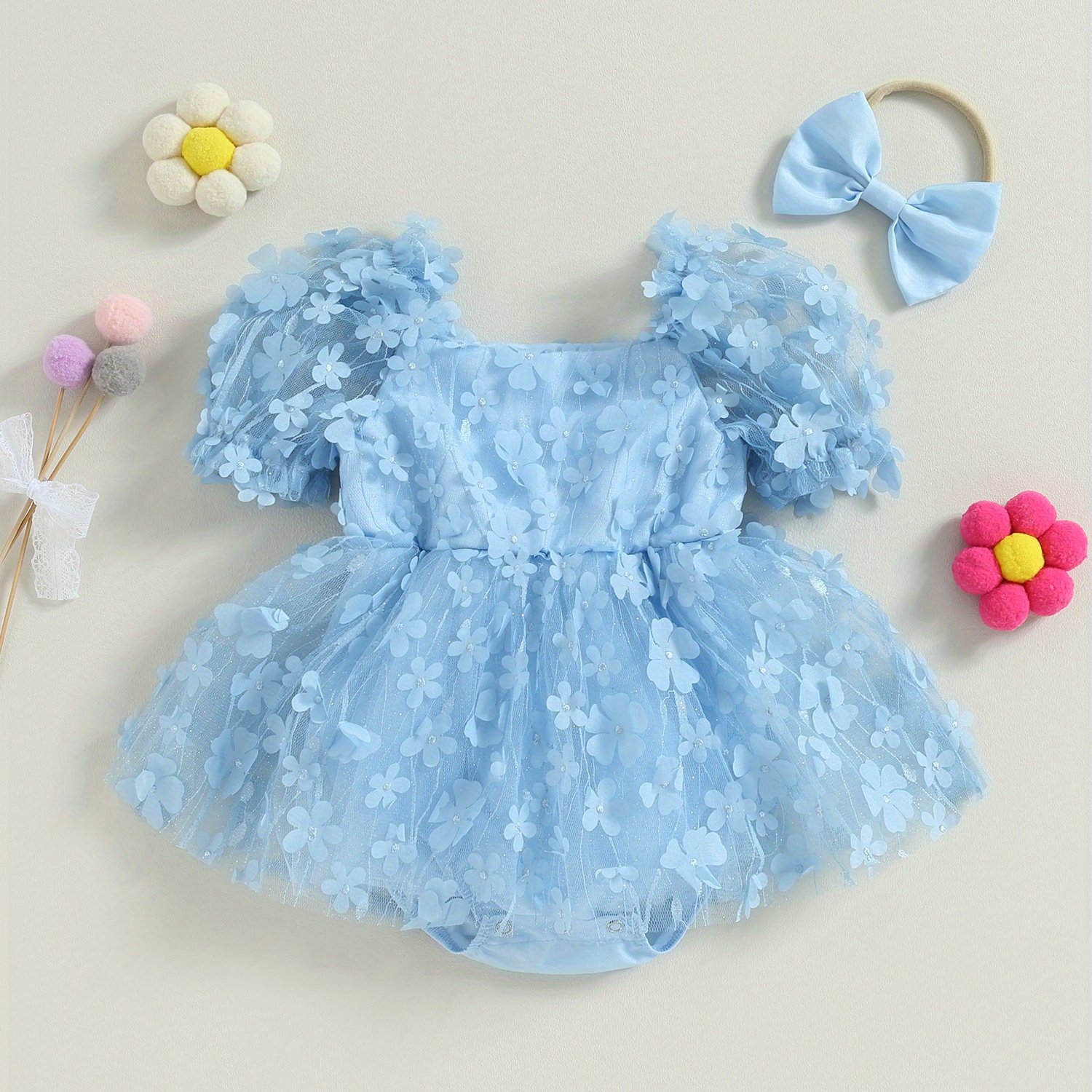 Two-piece Floral Short-sleeve Romper Set For Baby Girls