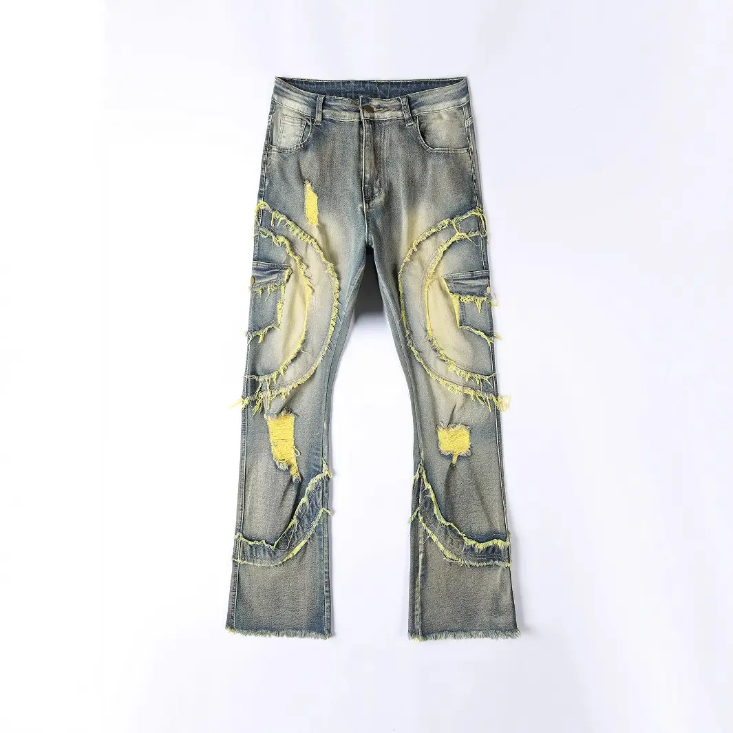 Men's Patchwork Fringe Slightly Flared Stretch Jeans