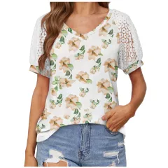 V-neck Lace Stitching Casual T-shirt For Women - Printed Six - View 1