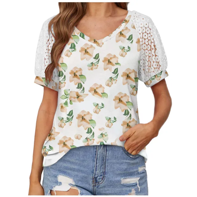 V neck Lace Stitching Casual T shirt For Women Printed Six - Shop at LoveMi