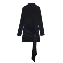 Velvet Short Fashion Belt Dress, Elegant Bodycon Mini Skirt For Women - Black - View 1