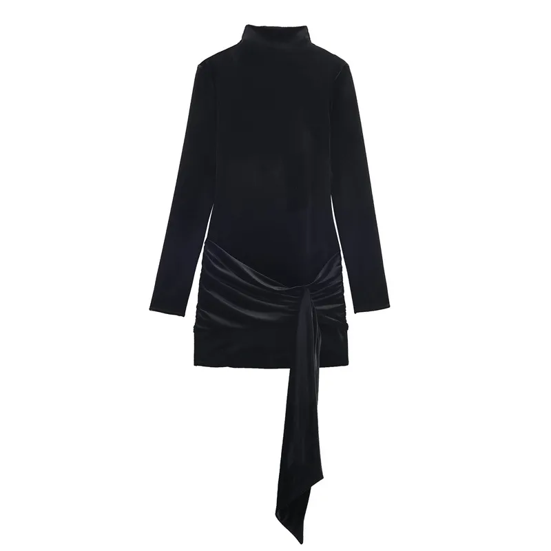 Velvet Short Fashion Belt Dress, Elegant Bodycon Mini Skirt For Women - Black