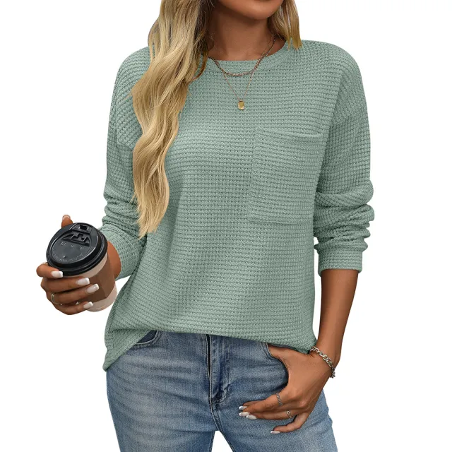 Women's Waffle Round Neck Pocket Loose T shirt Green - Shop at LoveMi