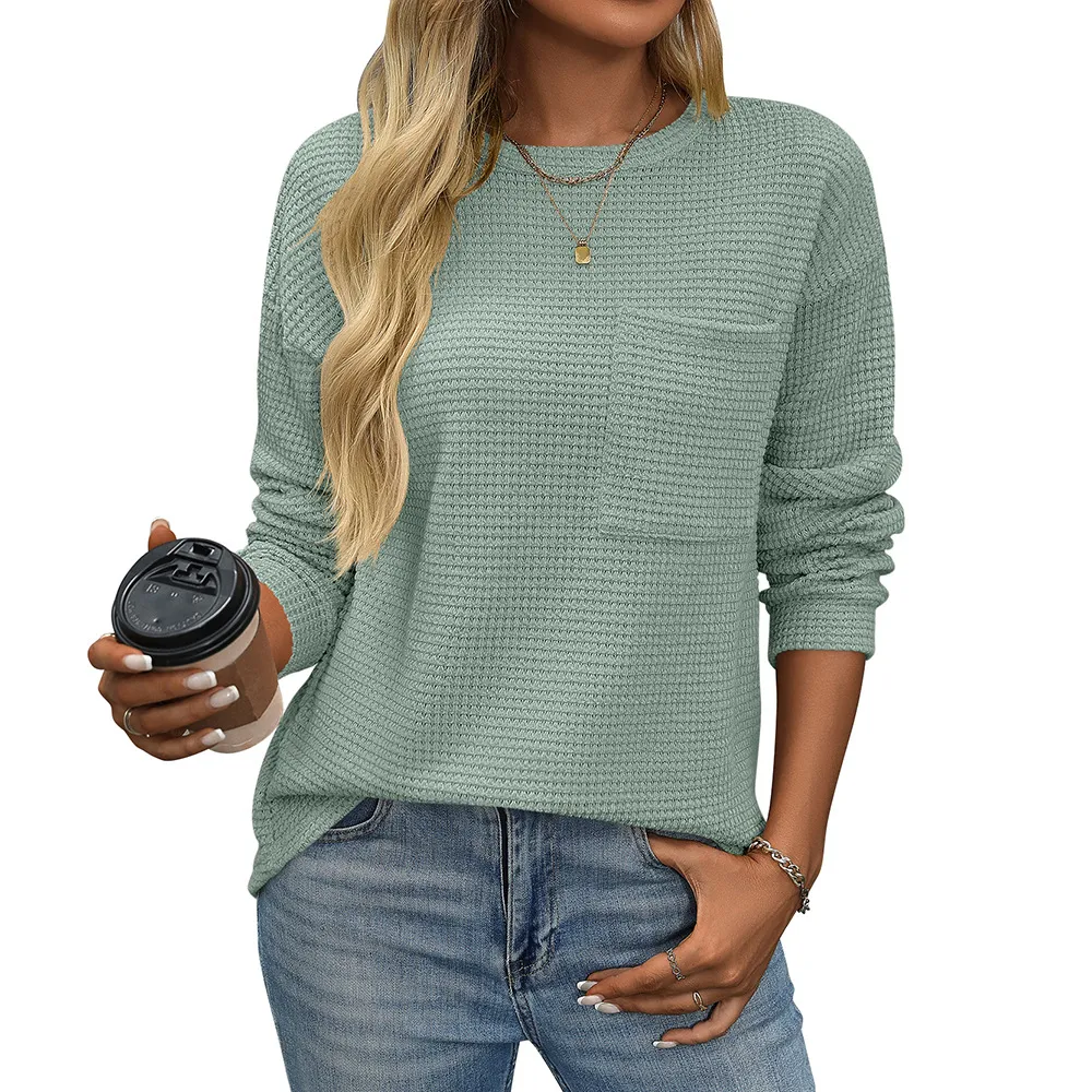 Women's Waffle Round Neck Pocket Loose T-shirt - Green