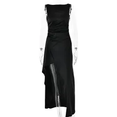Fashion Slim Sleeveless Backless Satin Pleated High Slit Long Dress - Black - View 1