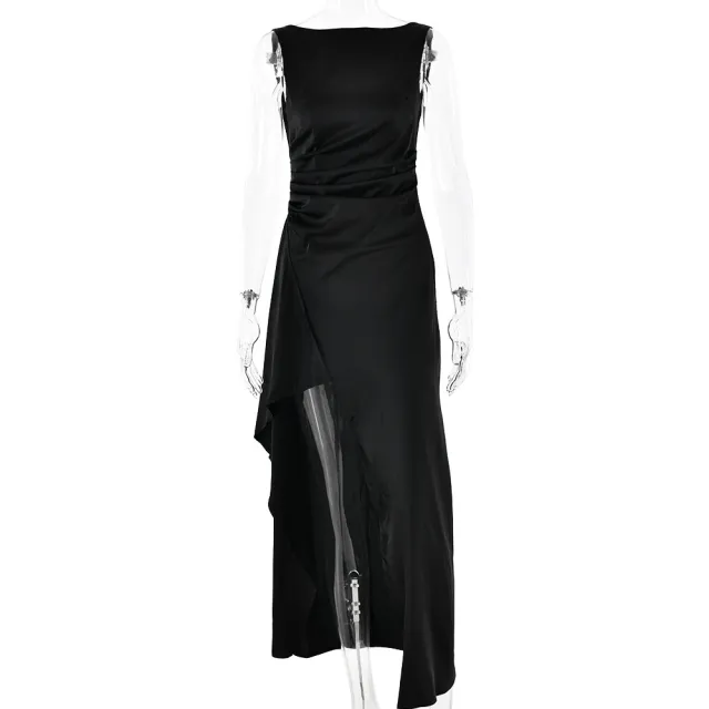Fashion Slim Sleeveless Backless Satin Pleated High Slit Long Dress Black - Shop at LoveMi