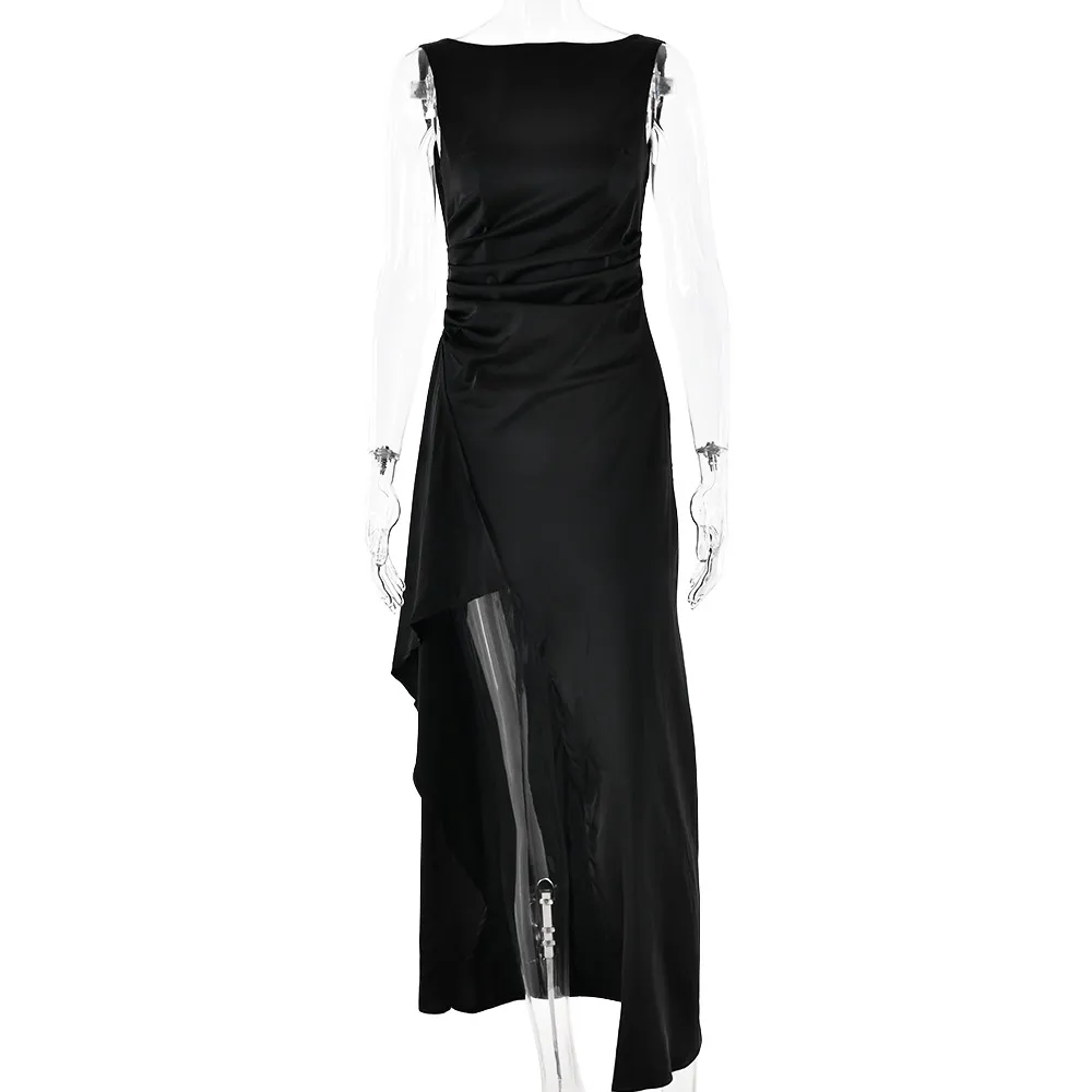 Fashion Slim Sleeveless Backless Satin Pleated High Slit Long Dress - Black