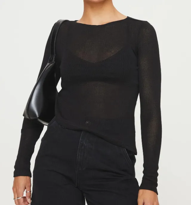Mesh Round Neck Slim And Ultra thin Sheer Long Sleeve Irregular T shirt Black - Shop at LoveMi