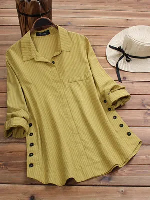 New Women's Solid Color Striped Button Top Yellow - Shop at LoveMi