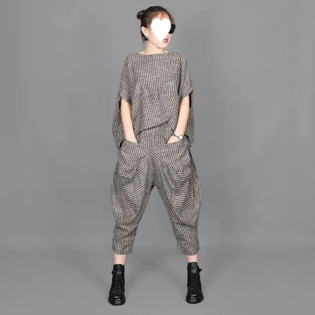 Retro Artistic Striped Casual Suit Women's Plus Size Loose Short Sleeve Suit - Shop at LoveMi