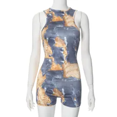 Painted Print Slim Fit Backless One-piece Shorts For Women - Blue - View 1