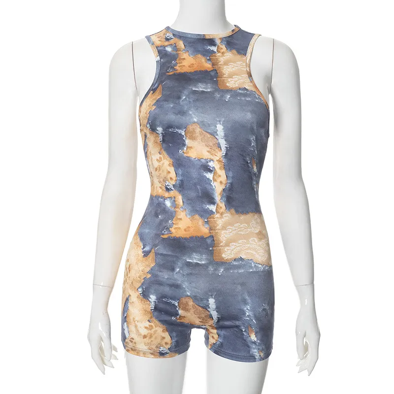 Painted Print Slim Fit Backless One-piece Shorts For Women - Blue