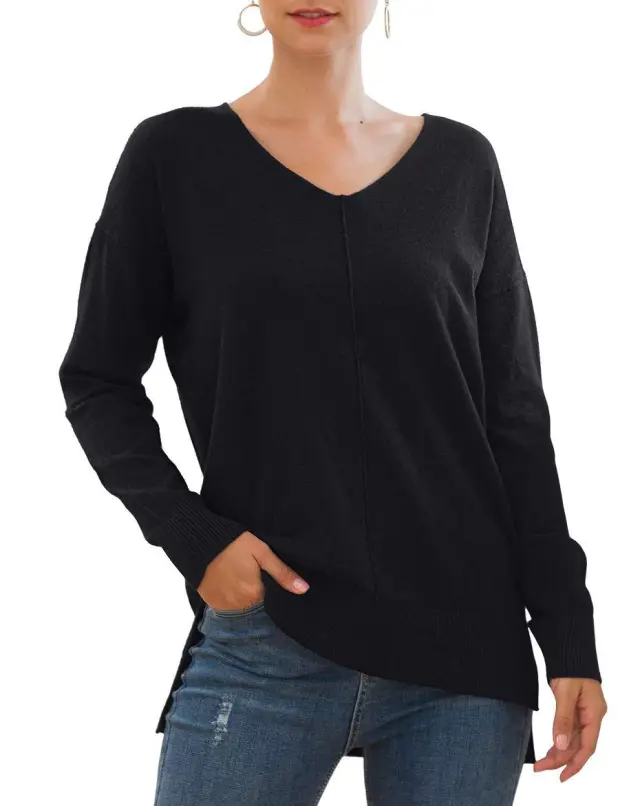V neck Batwing Sleeve Knitted Sweater Black - Shop at LoveMi
