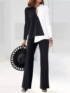 Women's Fashion Temperament Color Matching Loose Trousers Two-piece Suit - White - View 1