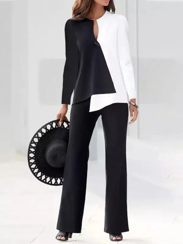 Women's Fashion Temperament Color Matching Loose Trousers Two piece Suit White - Shop at LoveMi