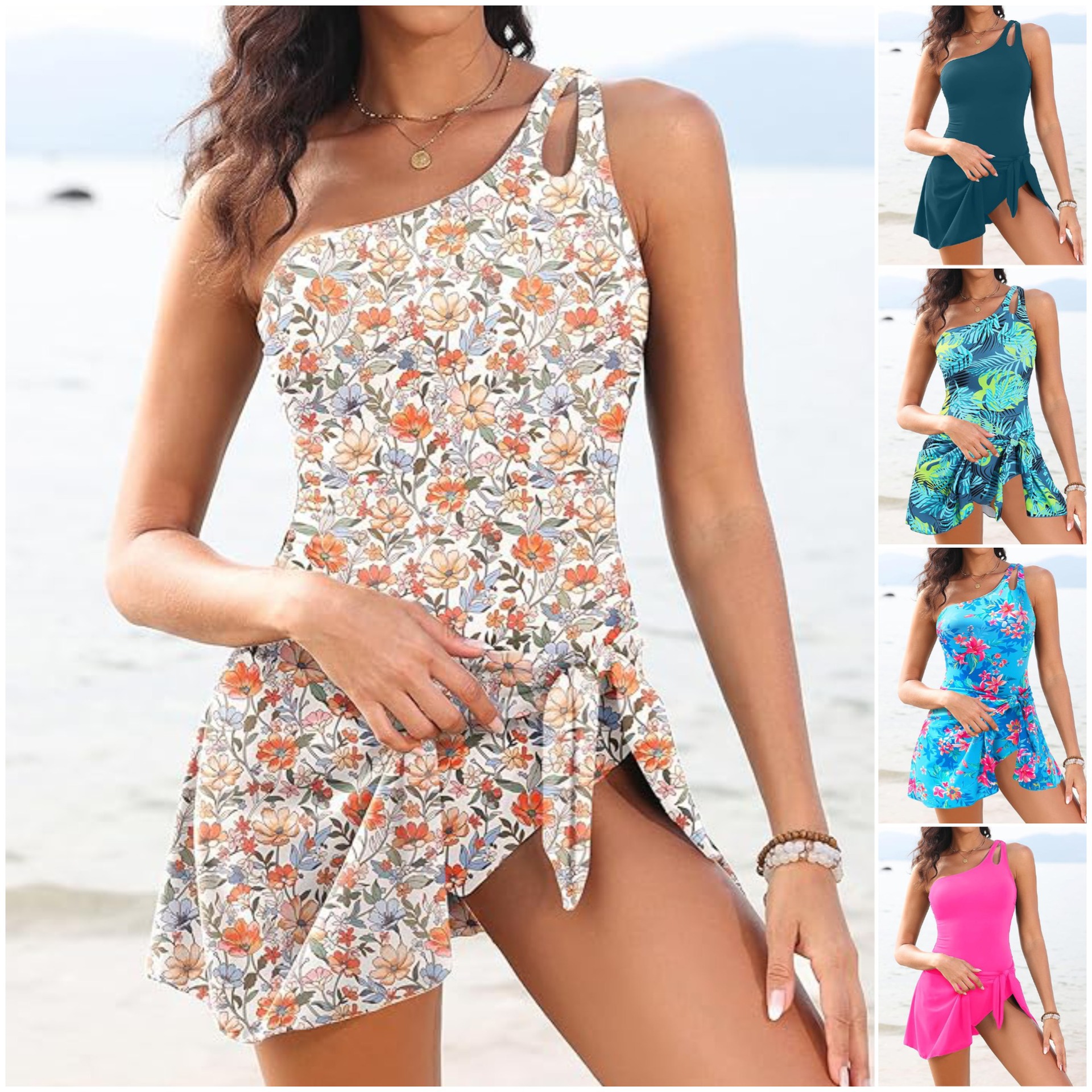 Feminine One-shoulder Printed One-piece Swimsuit