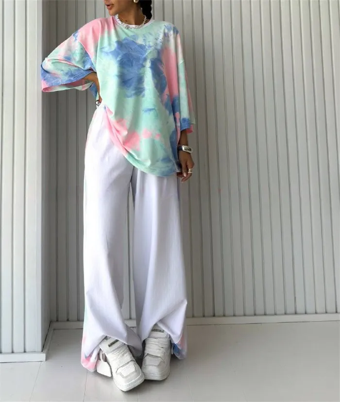 Womens Short-Sleeve Crew-Neck Tie-Dye T-Shirt And Pants Set - White