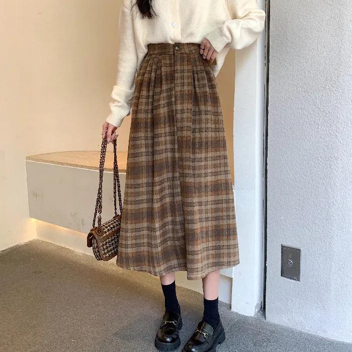 Winter High-grade Coffee Color Plaid Skirt For Women - Brown