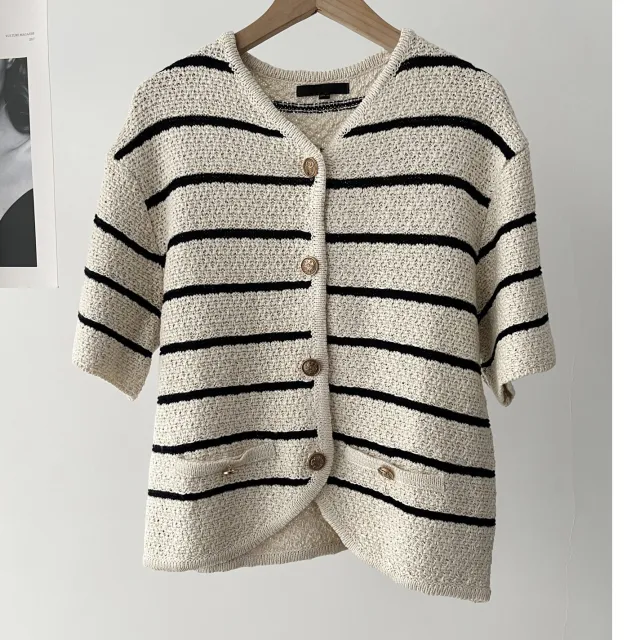 Women's Summer Stripes Sweater With Short Sleeves Knitted Cardigan Jacket Beige - Shop at LoveMi